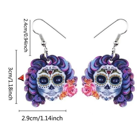 NWT Sugar Skull Day Of The Dead Purple White Flower Dangle Hook Earrings - Picture 3 of 6